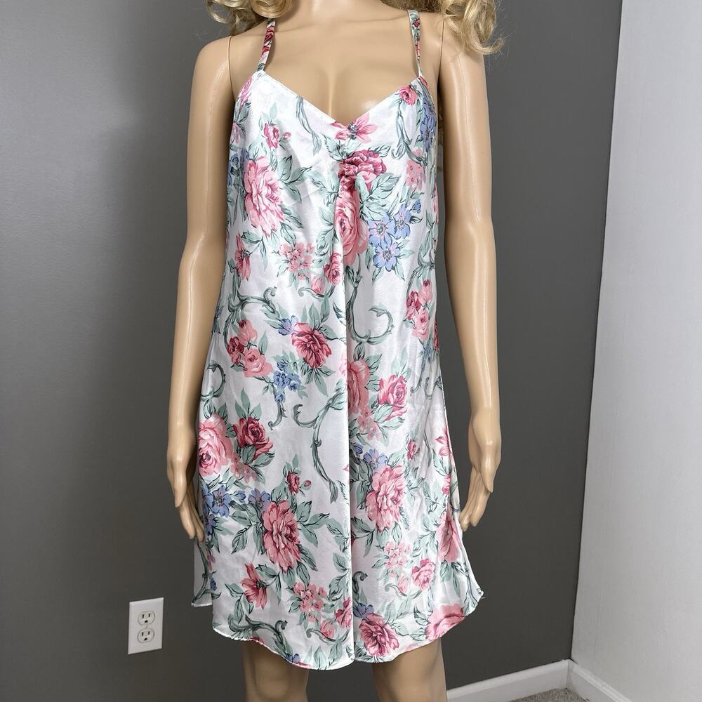 Vintage Floral Satin Chemise Large Pink Rose Nightgown Crisscross Back Hong Kong